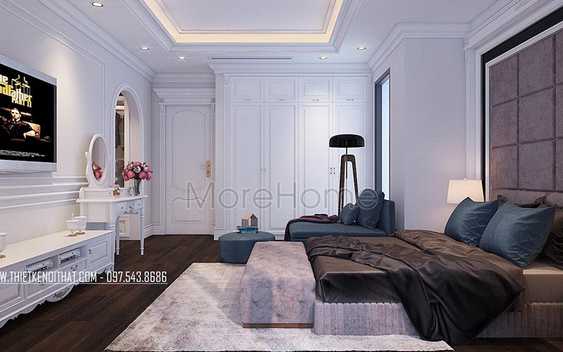 Thiết kế nội thất biệt thự theo phong cách tân cổ điển Nội thất phòng ngủ gỗ tự nhiên với thiết kế đường nét tinh tế, tỉ mỉ cùng sắc trắng tạo nết hiện đại xen lẫn đương đại vô cùng quý phái