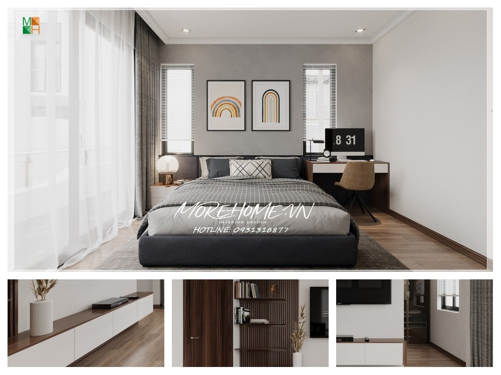 Thiết kế phòng ngủ của con có bàn học sử dụng gỗ óc chó