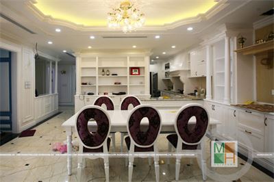 Tủ bếp tân cổ điển gỗ sồi phủ sơn trắng MH - 0007