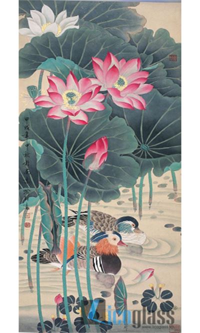 Tranh kính hoa sen - uyên ương