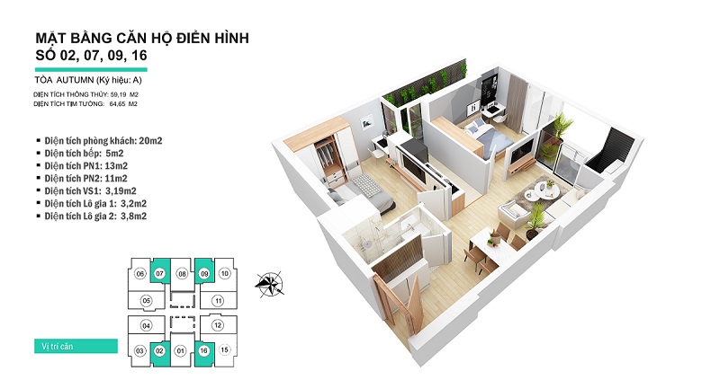 Thiết kế nội thất căn hộ chung cư 64m2 tòa Autumn Goldseason Thiết kế nội thất căn hộ chung cư 64m2 tòa Autumn Goldseason